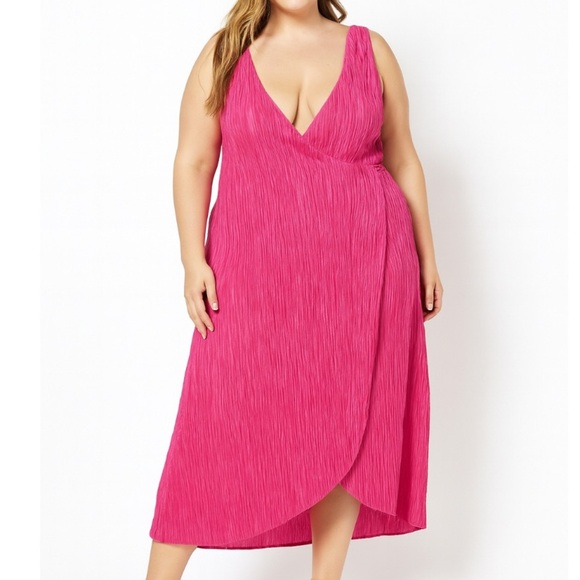 Pink dress true wrap lightweight crinkle cut V-neck waist tie SZ LG Boho vibrant - Picture 1 of 9